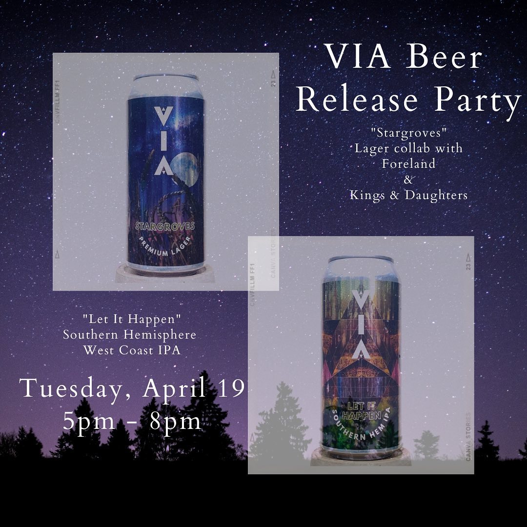 Tomorrow, from 5pm - 8pm we are honored to be hosting VIA Beer for the release of two of their latest beers!
.
- “Stargroves” - Lager collab with Foreland and Kings & Daughters
- “Let It Happen” - West Coast IPA w/ Southern hemisphere hops
.
.
.
.
.
.
#wildwood #wildwoodtaphouse #wildwoodtap #viabeer #drinkviabeer #foreland #forelandbrewing #kingsanddaughters #beerrelease #westcoastipa #lager #beer #beerme #beerlife #beerlover #beerbeerbeer #craftbeer #craftbeerlife #craftbeerculture #pnw #pnwbeer #pdx #pdxbeer #drinkbeer #releaseparty #hillsborooregon #hillsborobeer #partyon