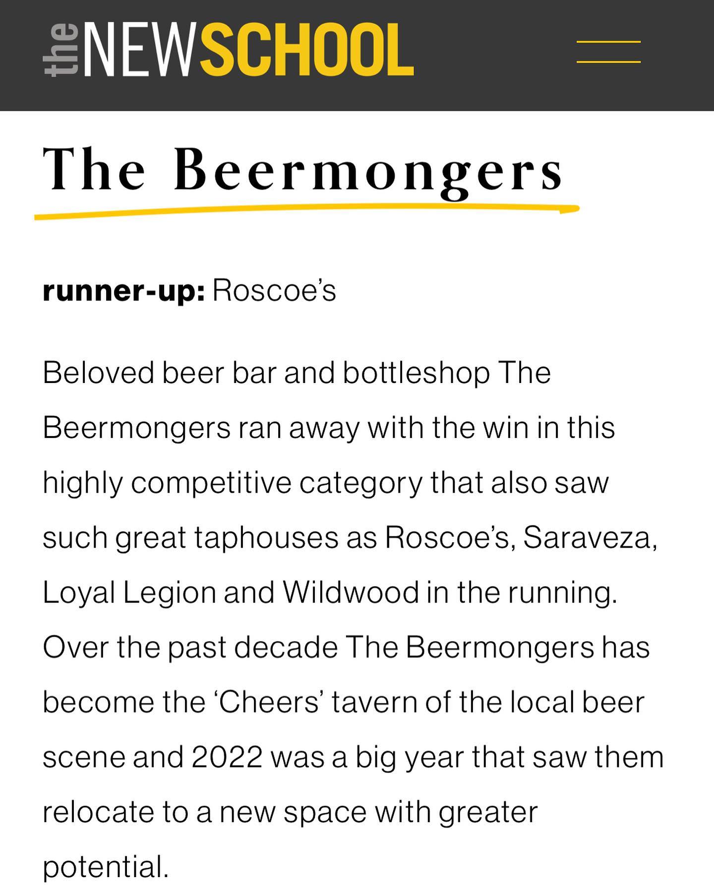 To even have our name mentioned among a few taprooms that we love and deeply respect is such an honor. Many thanks to New School Beer and cheers to BeerMongers, Roscoes, Saraveza & Loyal Legion, here’s to 2023. 🍻 
@newschoolbeer 
@thebeermongers 
@roscoespdx 
@loyallegionoregon 
@saravezapdx 
.
.
.
.
#wildwoodtaphouse #wildwoodtap #newschoolbeer #beermongers #roscoespdx #saraveza #loyallegion #craftbeer #oregonbeer #twoisaparty