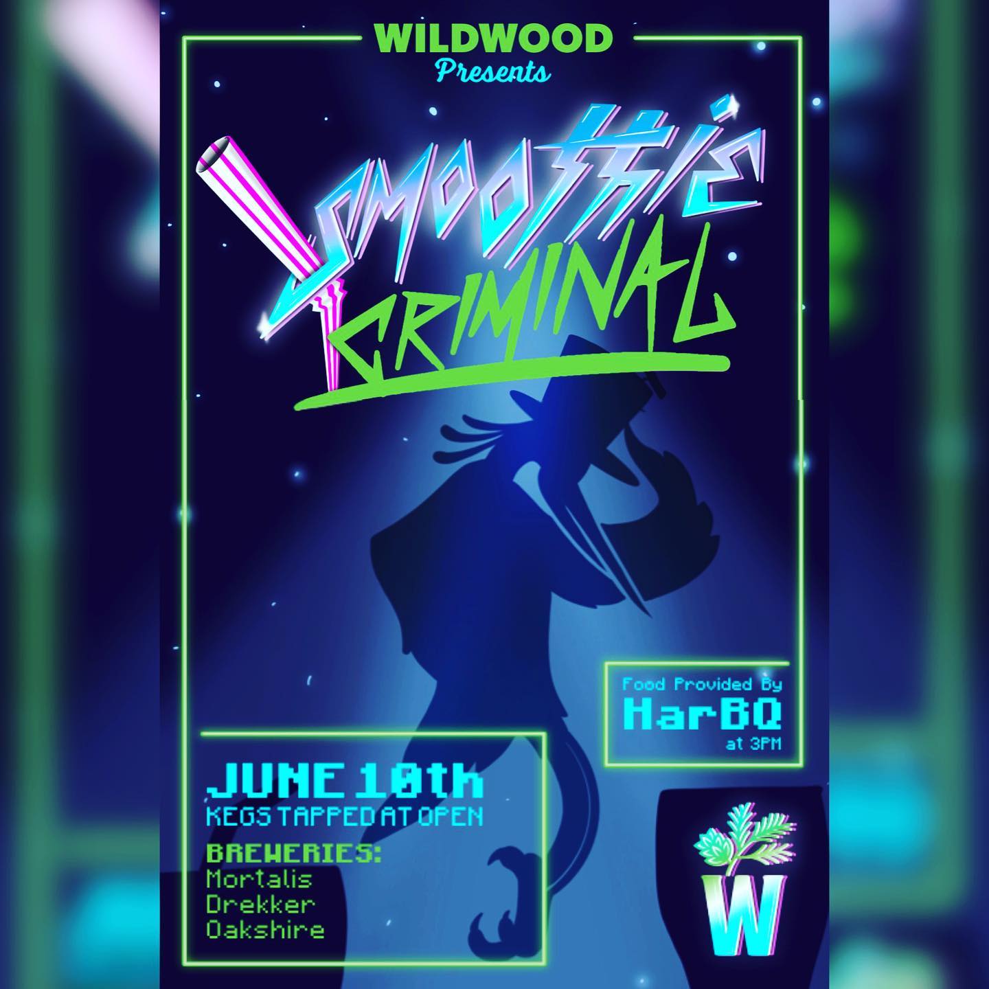 🚨 SMOOTHIE CRIMINAL 🚨 
Oh yes, we are doing it again!!!
.
June 10th we are bringing in Drekker, Mortalis & Oakshire! Not only will we have some of their smoothie style beers available but also an array of other styles showcasing the other styles they excel at! Don’t miss this!
.
Along with these wonderful beers we will have HarBQ slinging his wonderful barbecue for everyone to enjoy starting at 3pm. 
.
Kegs tapped at open, 12 noon. 
Food service - 3pm
.
@drekkerbrewing 
@mortalisbrewing 
@oakbrew 
@har.bq.pdx 
.
Illustration: @rgonzo_designs 
.
.
#wildwoodtap #wildwoodtaphouse #hillsborooregon #smoothiebeer #drekkerbrewing #mortalisbrewingcompany #oakshirebrewing #harbq #portlandbbq #craftbeer #beerme #pdxbeer #pnwbeer #portlandbeerevents #beerevents #pdx #pnw #twoisaparty