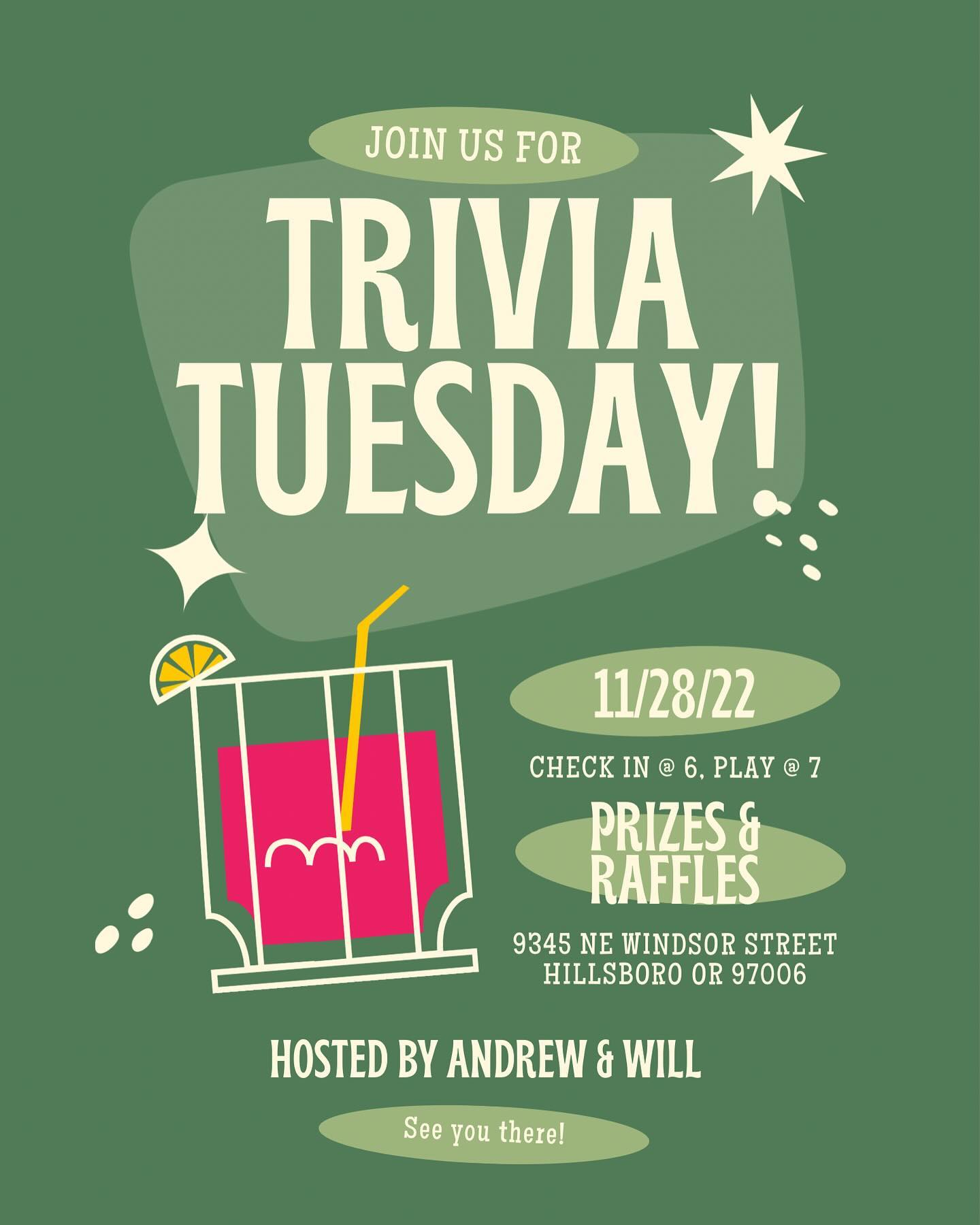 TRIVIA with Will and Andrew coming your way this Tuesday!  We had so much fun at Cedar Mill we had to bring the good times to Tanasbourne.  Join us Tuesday!

Check in at 6pm
Game starts at 7pm

#tuesdaytrivia #tanasbournebeer #twoisaparty #pdxbeer