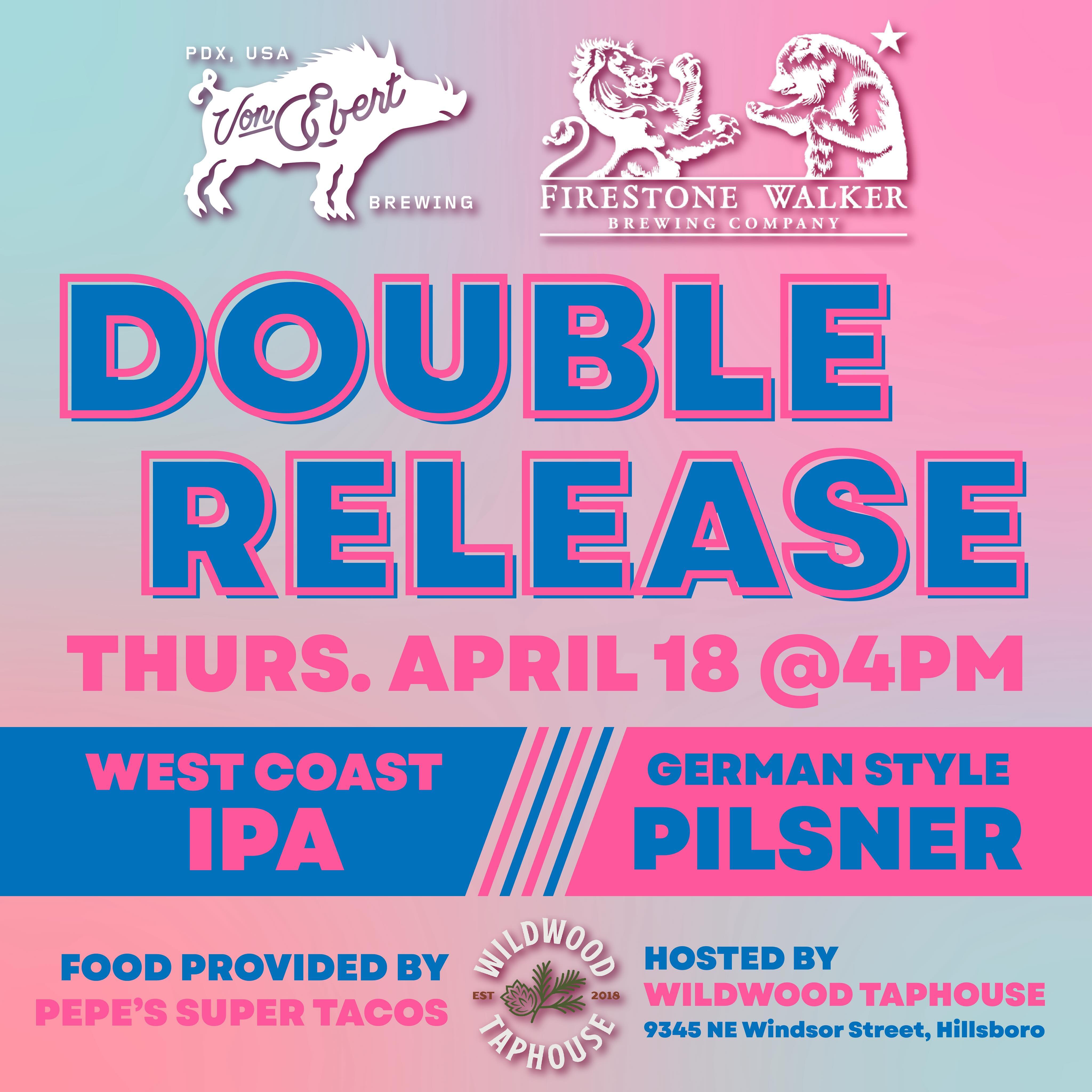 My goodness we are so excited and honored to be doing the collaboration release party for TWO beers from Von Ebert & Firestone Walker! You ready to party?!? 
.
Thursday, April 18th we will be tapping a German style pilsner as well as a west coast IPA. Cans will also be available to go! 
.
At 4pm we will have Pepe’s Super Tacos slinging some excellent food as well! 
Come hang with the fine folks from Von Ebert & Firestone Walker, enjoy some great beers with great people. 
See you there!!
.
@vebrewing @firestonewalker 
.
.
.
#wildwoodtaphouse #wildwoodtap #vonebertbrewing #firestonewalker #firestonewalkerbrewing #collaborationbeer #beerrelease #germanpilsner #westcoastipa #pnwbeer #pdxbeer
