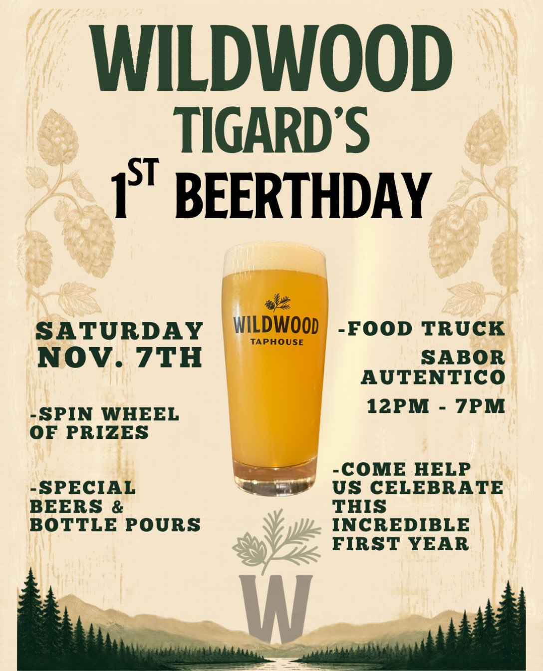 Oh my goodness it’s here!!! Wildwood Tigard is turning one!
We are so excited to celebrate our first year with you all! 
@saborautentico_hillsboro is going to be serving up their delicious mexican food from 12pm - 7pm, and we will have our spin wheel of prizes! 
We will be pulling some special bottles from our cellar to have available for bottle pours! 
.
Help us ring in this amazing first year! 
.
.
.
#wildwoodtaphouse #tigardoregon #anniversaryparty #kingcityoregon